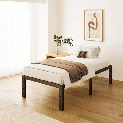 18 Inch Black Metal Platform Bed Frame With Wood Slats Support