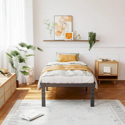 18 Inch Black Metal Platform Bed Frame With Wood Slats Support