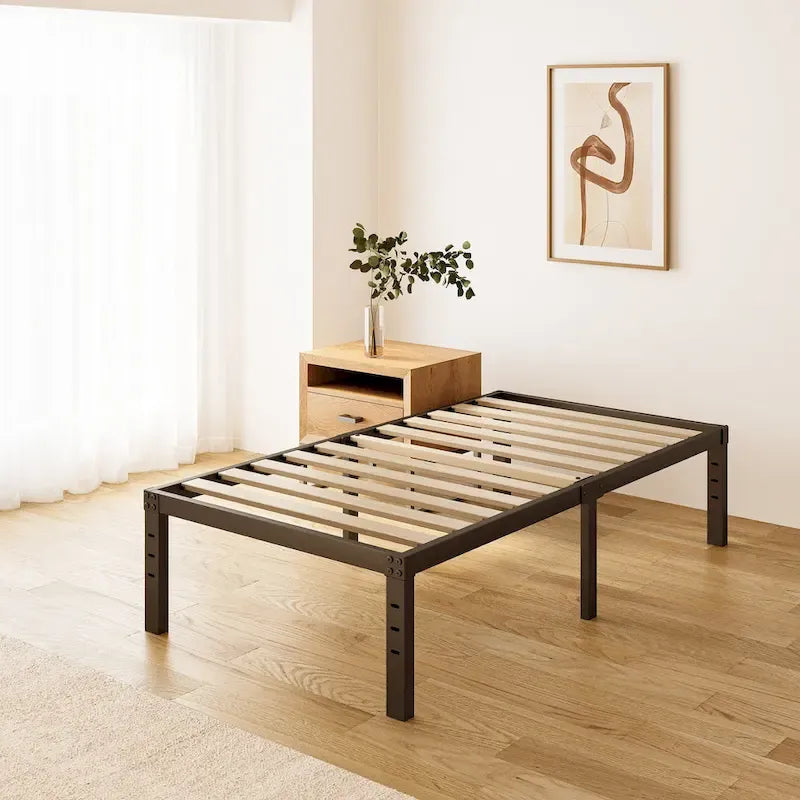 18 Inch Black Metal Platform Bed Frame With Wood Slats Support