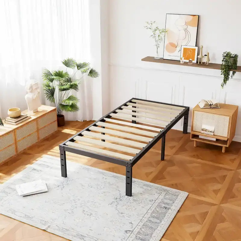 18 Inch Black Metal Platform Bed Frame With Wood Slats Support