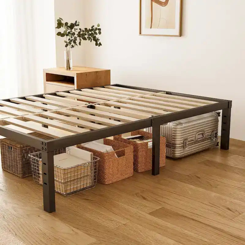 18 Inch Black Metal Platform Bed Frame With Wood Slats Support