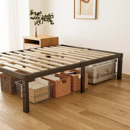 18 Inch Black Metal Platform Bed Frame With Wood Slats Support