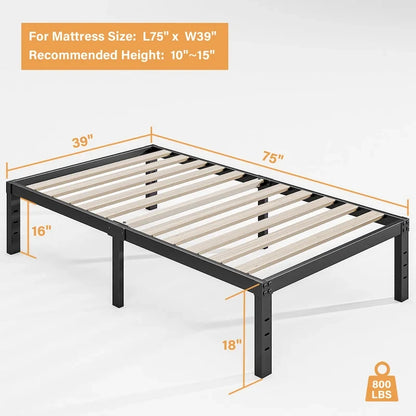 18 Inch Black Metal Platform Bed Frame With Wood Slats Support