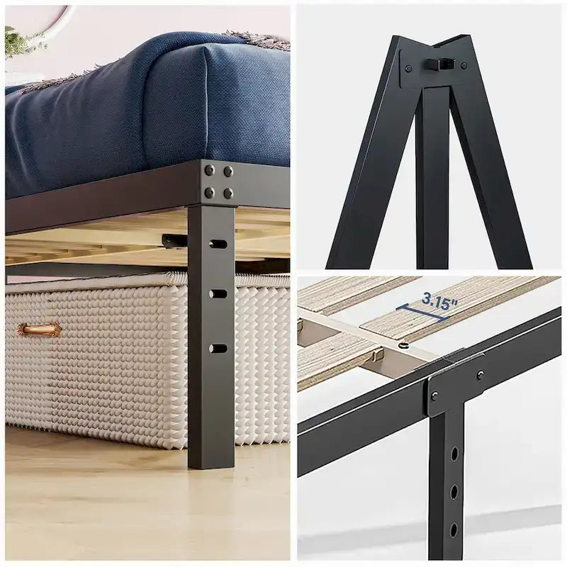 18 Inch Black Metal Platform Bed Frame With Wood Slats Support