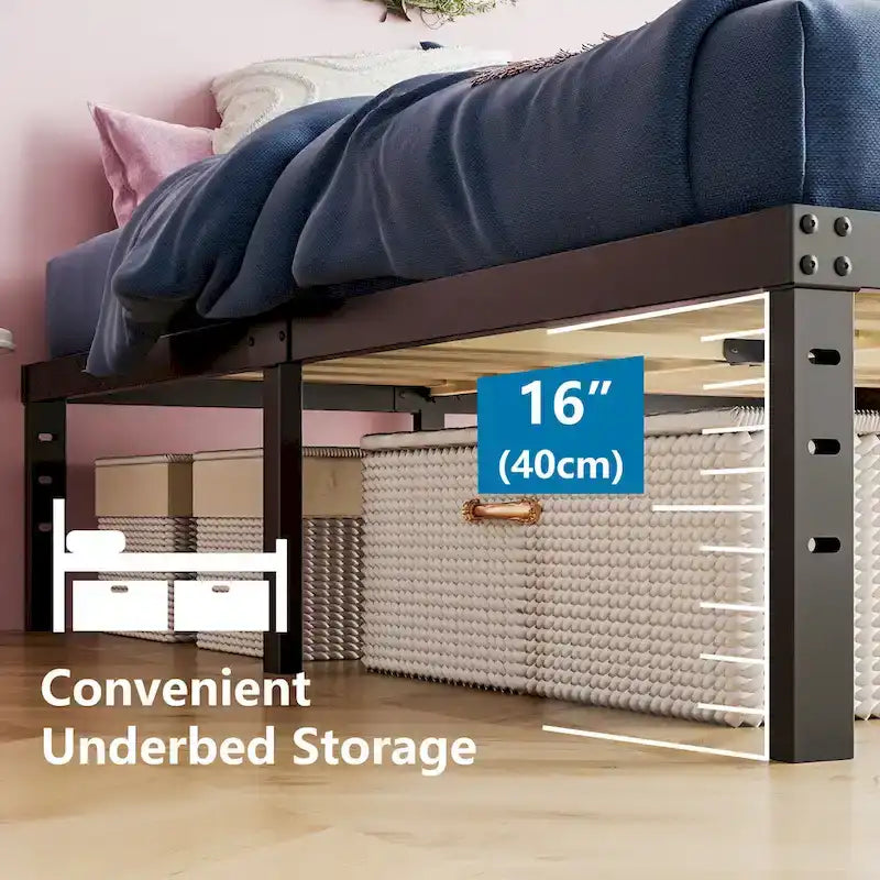 18 Inch Black Metal Platform Bed Frame With Wood Slats Support