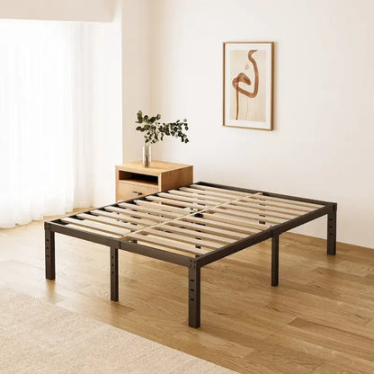 18 Inch Black Metal Platform Bed Frame With Wood Slats Support