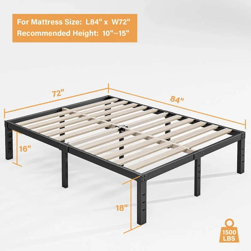 18 Inch Black Metal Platform Bed Frame With Wood Slats Support