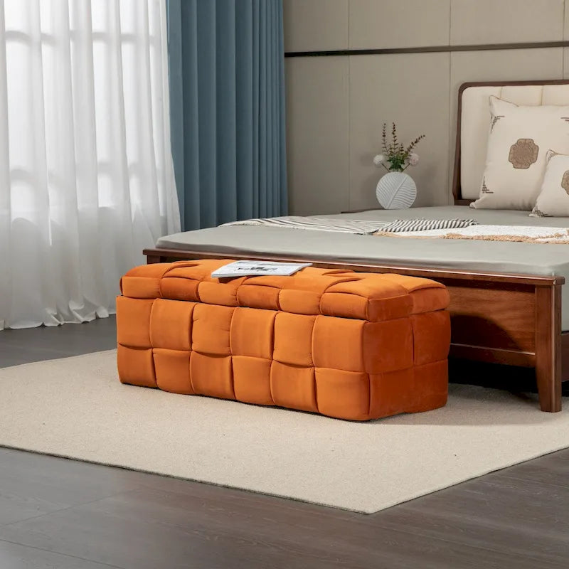 Velvet Upholstered Storage Ottoman Bench with Safety Hinge for Living Room,Bedroom