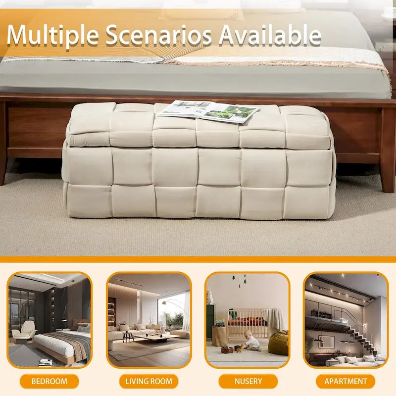 Velvet Upholstered Storage Ottoman Bench with Safety Hinge for Living Room,Bedroom