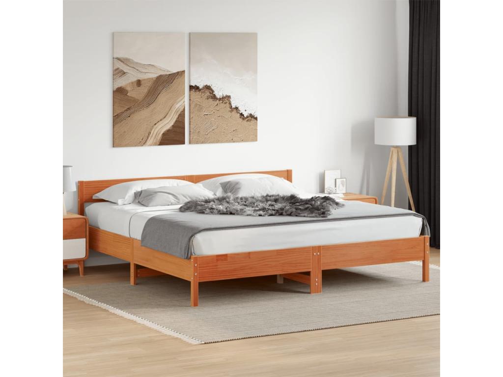 Brown Pine Wood Bed Frame, 200 x 200 cm